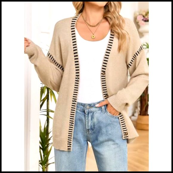 Oversized V-Neck Cardigan Sweater, Button Front, Striped Trim, Fall Winter - Picture 3 of 7